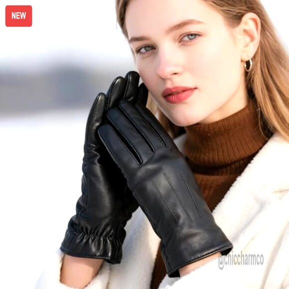 Women's Sheepskin Leather Gloves Cashmere Lined Touchscreen Driving Winter - Picture 6 of 7